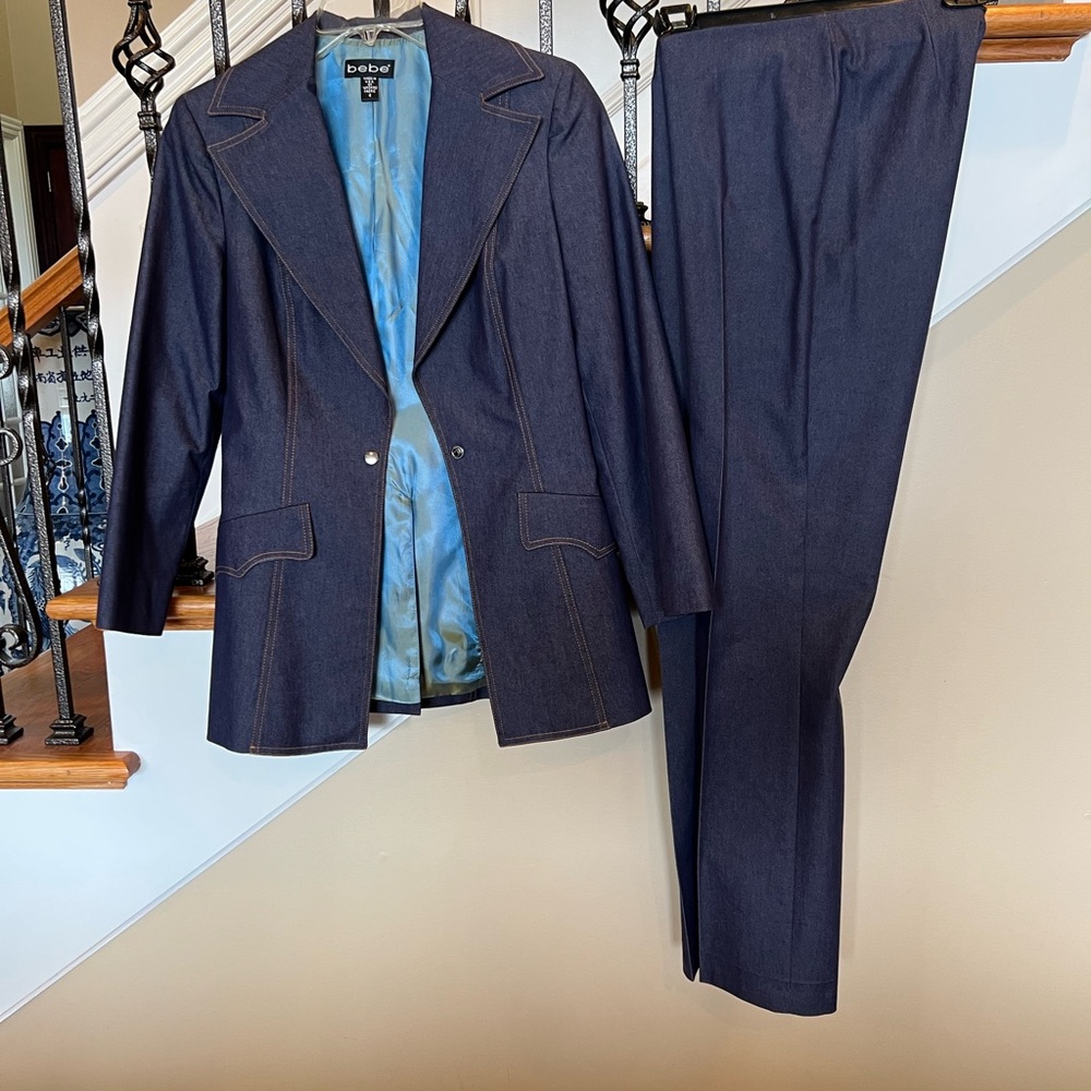 Bebe women's Navy Denim Blazer size 4 & Trouser size 2 Suit